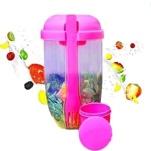 Fresh Salad to Go Container Set with Fork and Dressing‎ Holder, Pink(1000ML